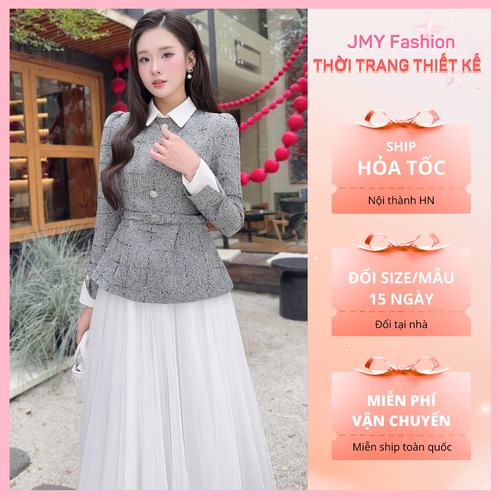 A832.Cv2 Set ชุดราตรีสีเทาคอปกเยอรมัน กระโปรงบานแม็กซี่ตาข่ายสีขาวเรียบหรู [TH Ha Thanh]