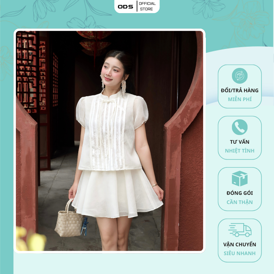 ODS เสื้อเชิ้ตสีครีมลินิน 2 ชั้น ดีไซน์คอรถไฟ ลูกไม้ตาข่ายลายครีม ลายแนวตั้ง แขนสั้นพอง - HR1