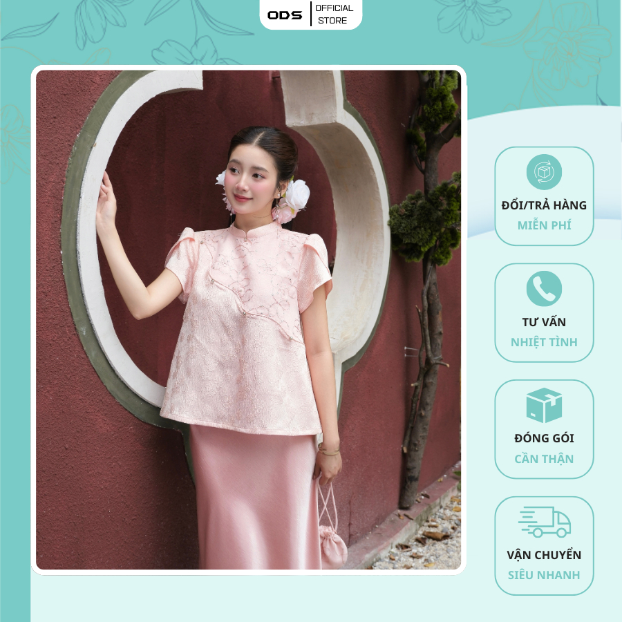 ODS Co Tau Pink Brocade Shirt ดีไซน์ตัวบนผสมดอกแอปริคอทผ้าและกระดุมแขนสั้นโค้ง - HR2