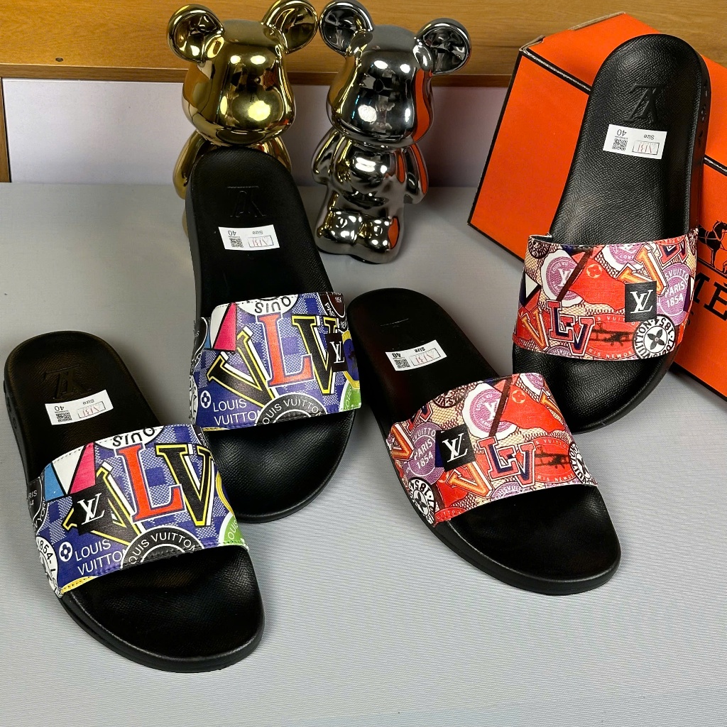 รองเท้าแตะผู้ชาย LV สวยมากพร้อมสายรัดไขว้พิมพ์ลายดอกไม้ - รองเท้าแตะผู้ชาย LV สวมใส่สบายมาก รุ่นสุดฮ