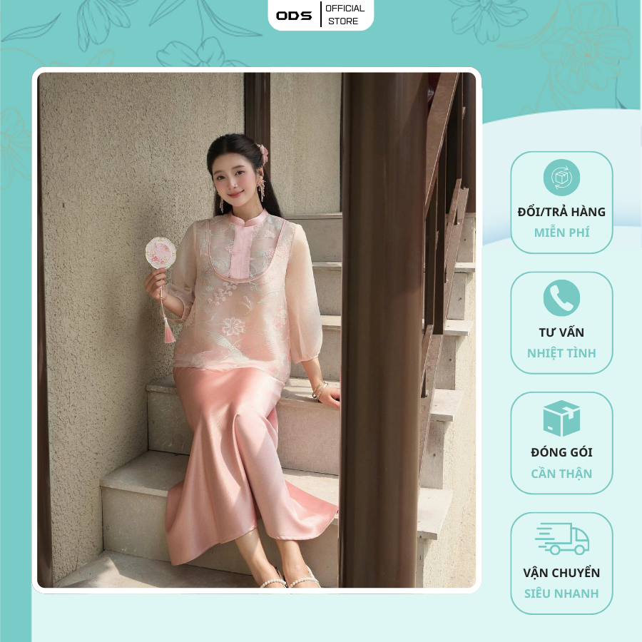 ODS เสื้อไหมพรมสีชมพู ดีไซน์คอรถไฟ ปักดอกรูปตัวยู 2 ชั้น ผสมแขนพอง ลินินไหมชมพู - HR5