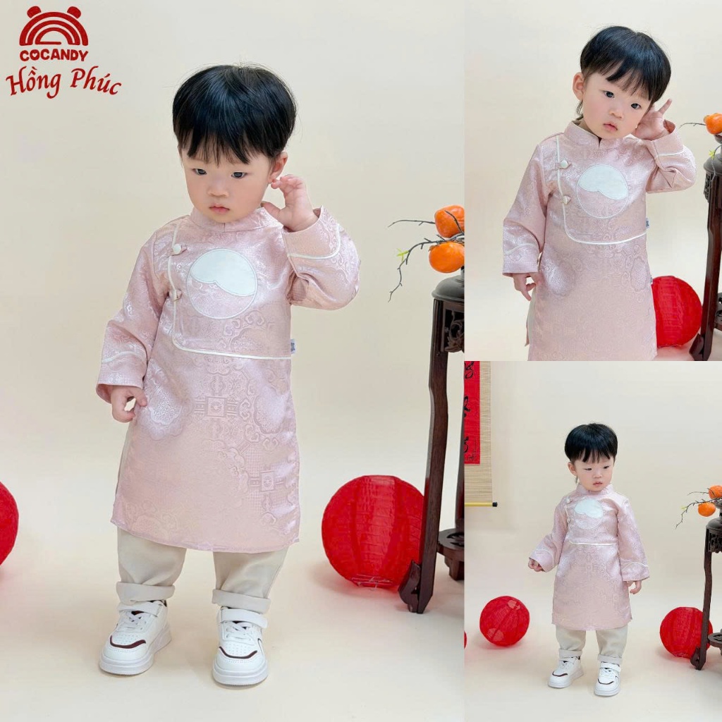 COCANDY Boys Set - HONG Hong Huang Ao Dai และกางเกงไขว้กํามะหยี่ขาตรงสีเบจสดใส A9601,Q0462