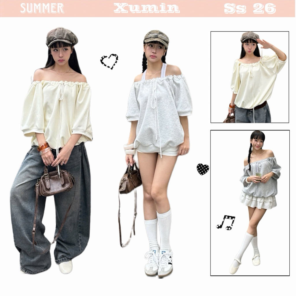 คอลเลกชันเสื้อยืด Xu Min Min Min Off Shoulder Drawstring แขนกุด 2-Skin Felt ดีไซน์ใหม่ 2026