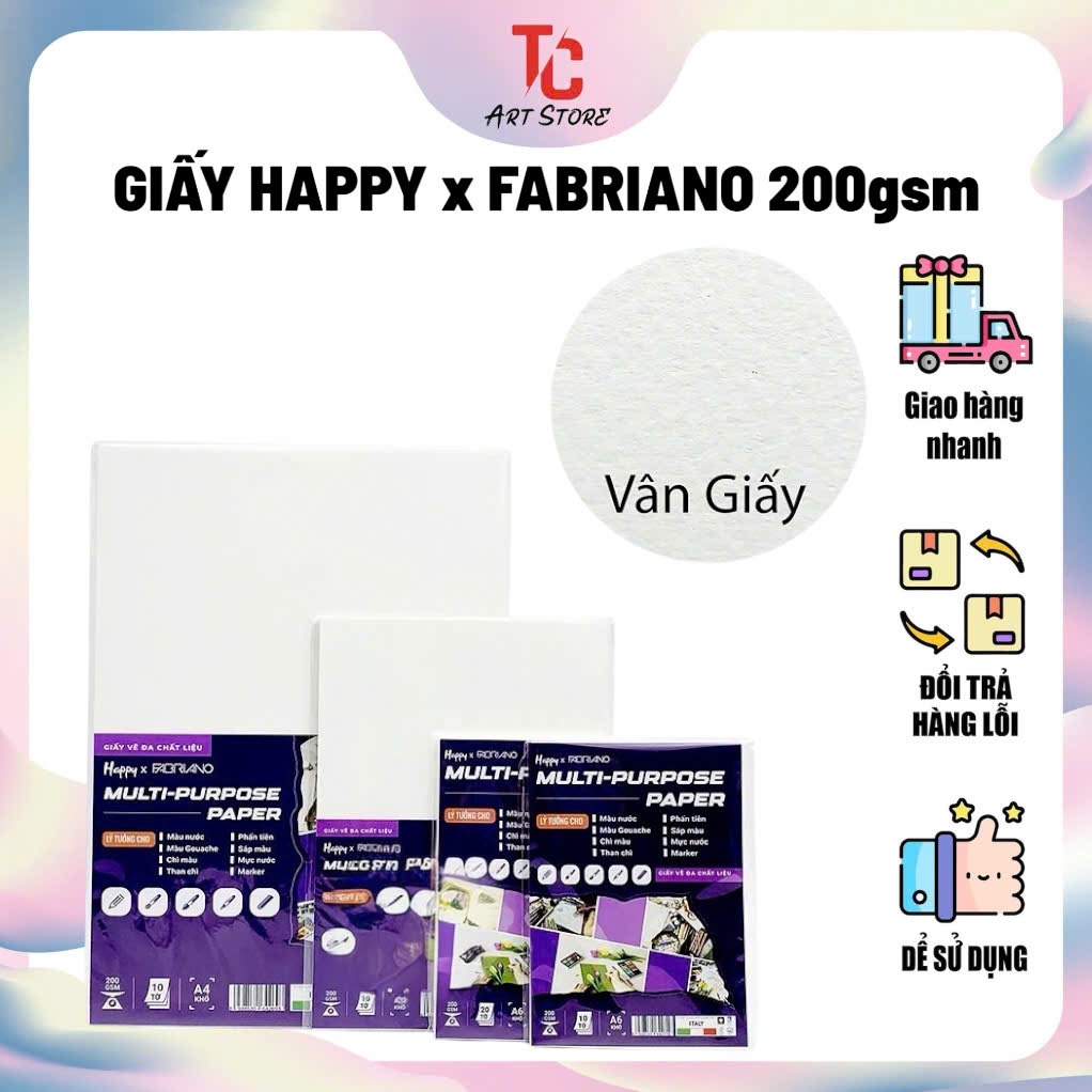 กระดาษวาดภาพอเนกประสงค์ Happy x Fabriano 200gsm - สีน้ําพรีเมี่ยม Gouache กระดาษสเก็ตช์ภาพ (A3/A4/A5