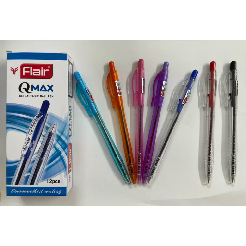 กล่อง 12 ปากกาลูกลื่น Flair Q-Max พร้อมไส้ 0.5 มม. หมึกเจลกึ่งเรียบสุดๆ ผลิตในอินเดีย