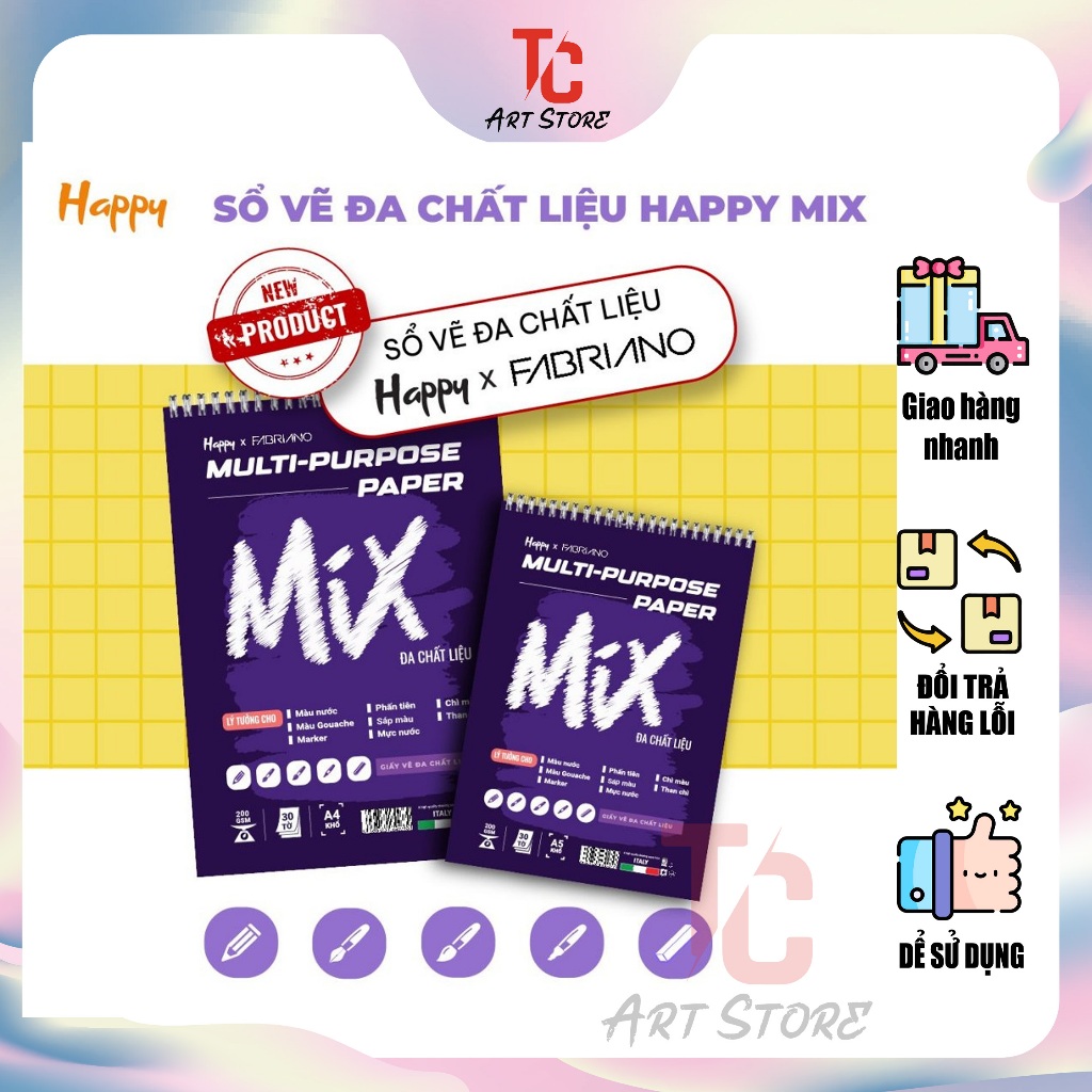 หนังสือวาดภาพหลายวัสดุของ Happy x Fabriano Mix Media - กระดาษวาดภาพสีน้ํา Gouache เครื่องหมาย สีพาสเ