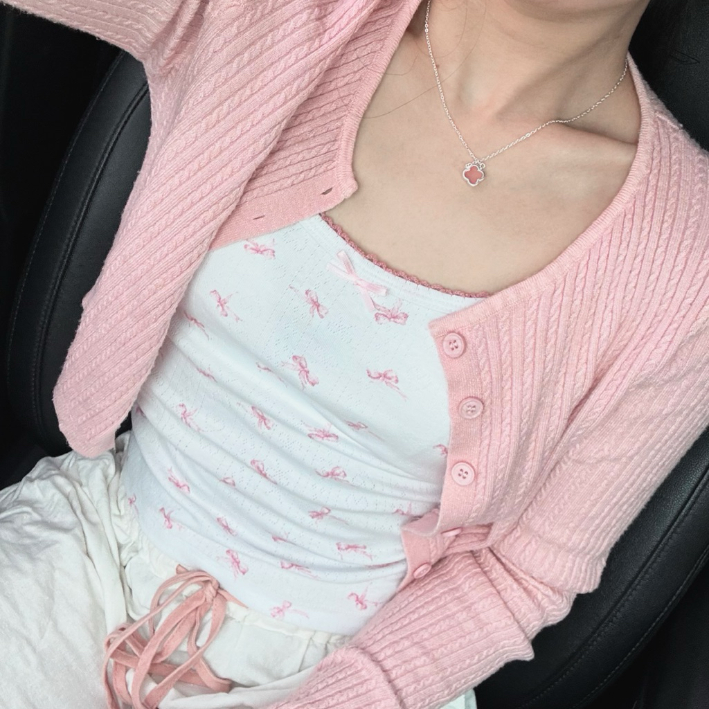 สายเดี่ยวโบว์ สีชมพู ทรงคอตก | เสื้อกล้ามสตรีโบว์สีชมพูขอบเอว