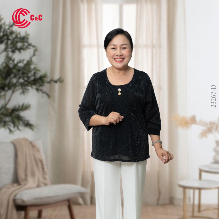 CN2267 - เสื้อคอกลมสตรีวัยกลางคน - วัสดุตาข่ายเมทัลลิกยืด 4 ทาง - หรูหรา - จาก 55 กก. ถึง 85 กก.