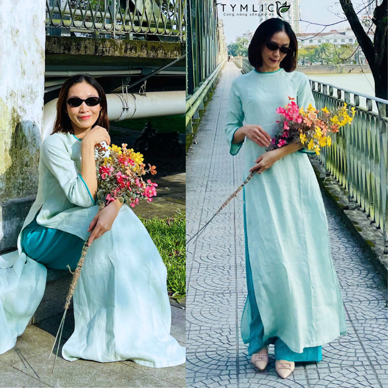 Handmade Ao Dai - ผ้าลินินสีน้ําเงินระดับพรีเมียมพร้อม Hem AD605 TYMLIC (ไม่รวมกางเกง)