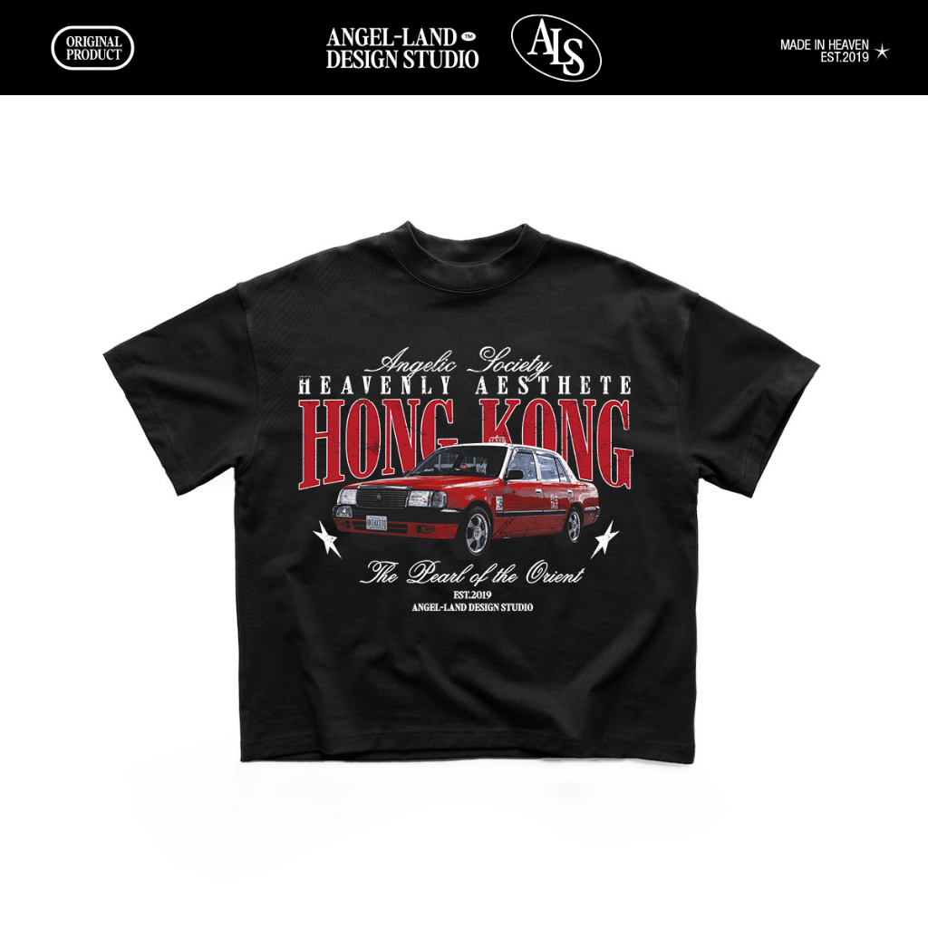 HONG KONG Regular / Oversize Retro เสื้อยืดสีดําของแท้ UNISEX Angel Land Studio