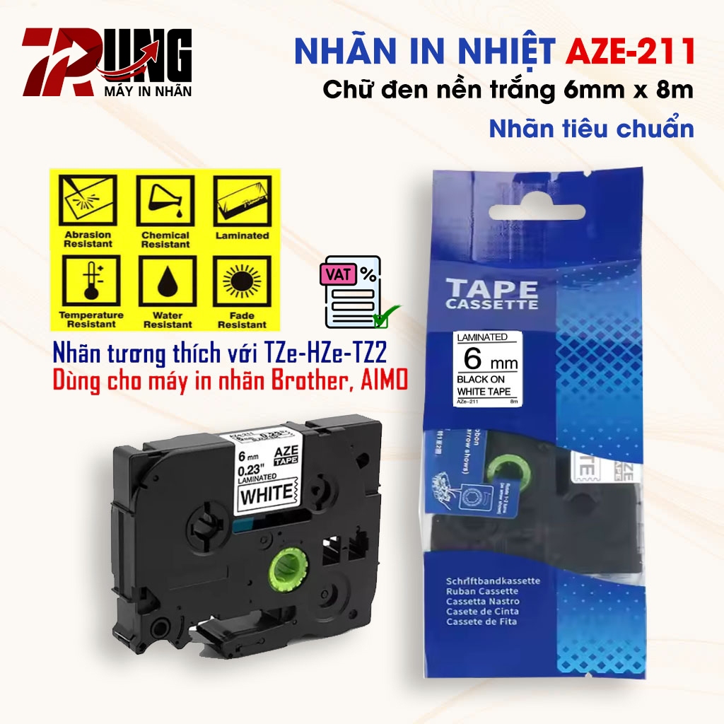 ป้ายพิมพ์ AZe-211 [6mm x 8m] ใช้ได้กับ TZe-211 (สําหรับ PT-E110/ PT-E300/D210/ E1000Pro..)
