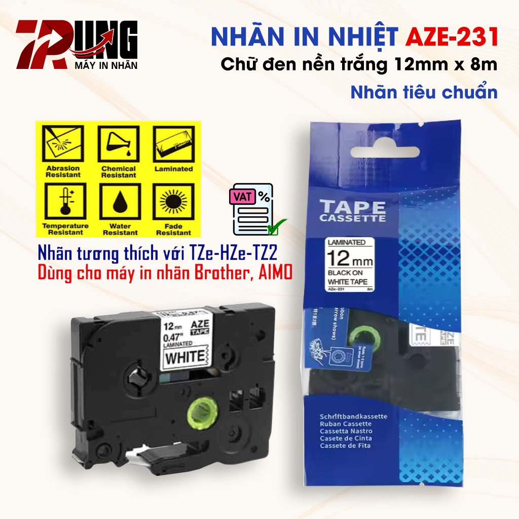 ป้ายพิมพ์ AZe-231 [12mm x 8m] รองรับ TZe-231 (สําหรับ PT-E110/ PT-E300/D210/ E1000Pro..)
