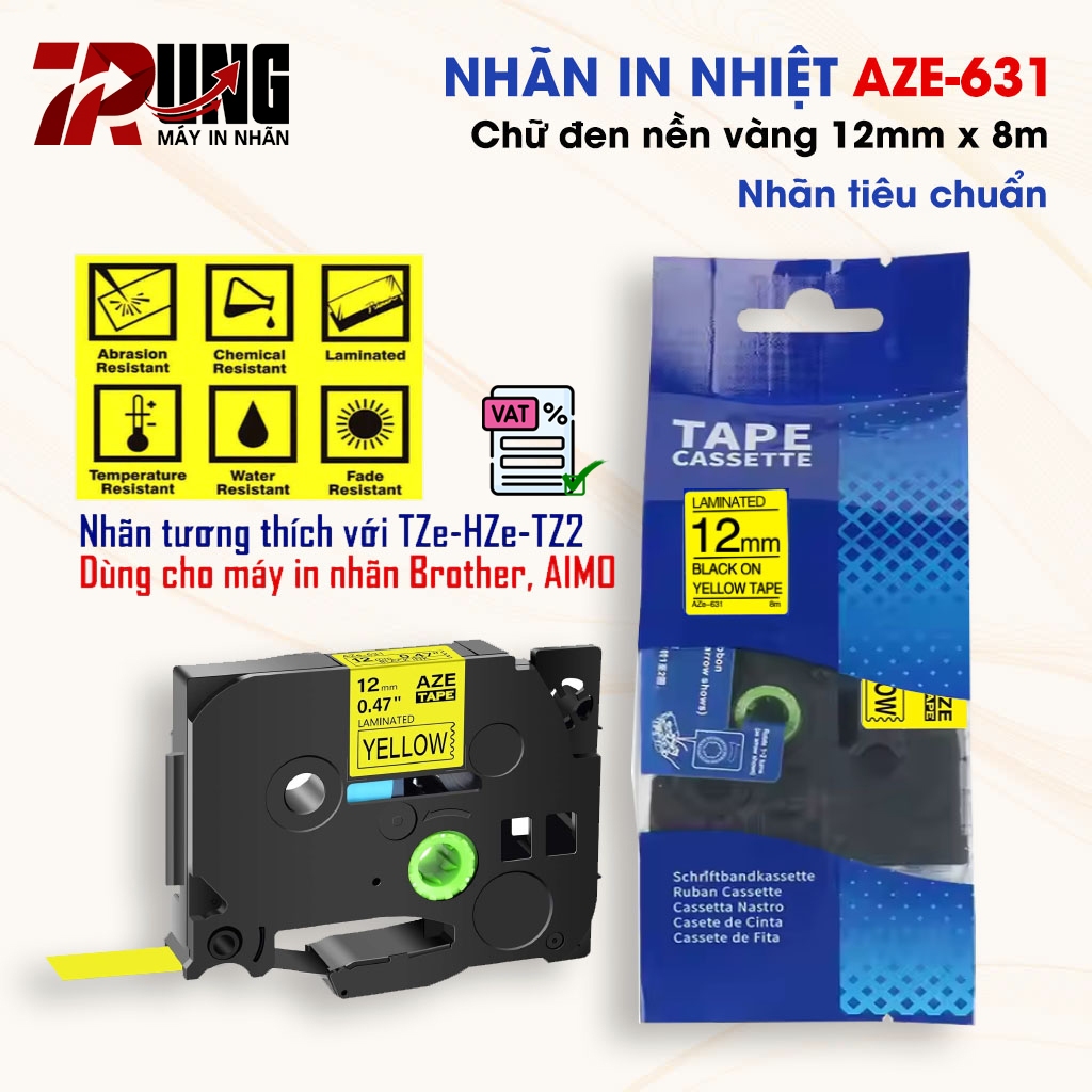 AZe-631 ป้ายพิมพ์ลาย [12mm x 8m] ข้อความสีดําบนพื้นหลังสีเหลือง เข้ากันได้กับป้าย Brother TZe-231