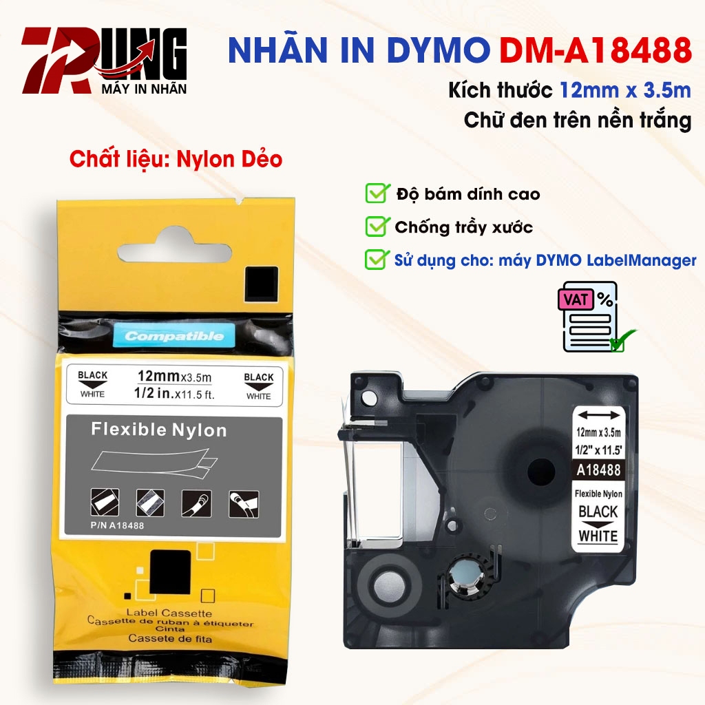 ป้าย D1 DM-A18488 - 12 มม.I ตัวอักษรสีดําพื้นหลังสีขาว I SD สําหรับ Dymo 160/210D/280/360D/420P/500T