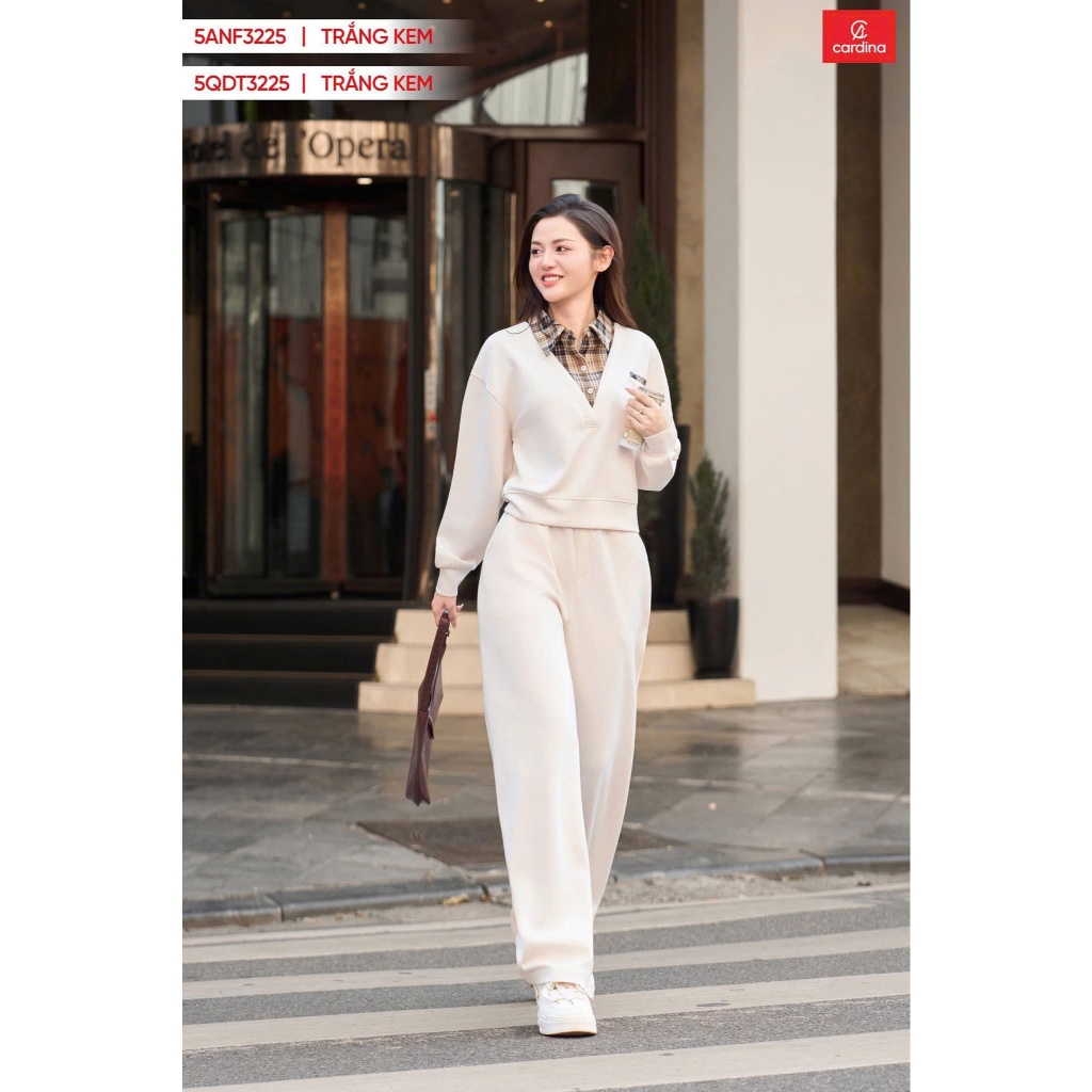 คาร์ดินา ชุดผู้หญิงผ้า umi สไตล์สปอร์ต เสื้อครอปคอปกและกางเกงหลวม 5ANF32, 5QDT32