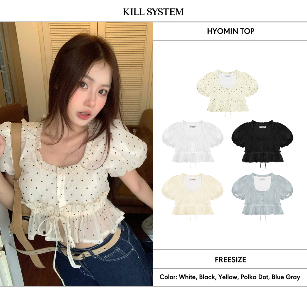 HYOMIN เสื้อเชิ้ตเบบี้ดอลล์แขนพัฟ 2 ชั้น เอวยางยืด - KILL SYSTEM