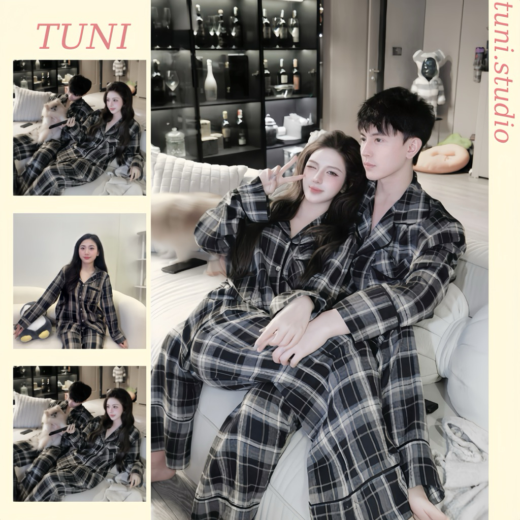 Tuni.studio ชุดนอนคู่สําหรับผู้ชายและผู้หญิงพร้อมผ้าลายสก๊อตและเฮมสวย PJMD01