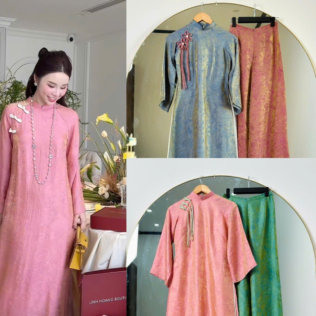 Ha Mien นวัตกรรม ao dai ผลิตจากวัสดุไหมเมทัลลิก 4 แผงหลวม และโบว์ 3 อัน สําหรับ Tet