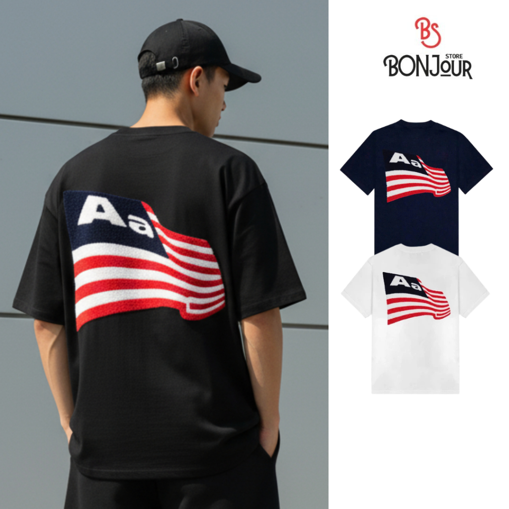 เสื้อยืดผู้ชาย AA Studio ปักโลโก้ - เสื้อยืด AA Stu แขนหลวม Oversize Street Boy Standard