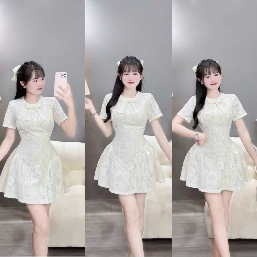 เดรสสั้น - น่ารัก เดรสผู้หญิงลูกไม้น่ารักสําหรับสาวๆออกไปข้างนอกถนนคาเฟ่เดรสคอกลมแขนสั้นมีโบว์และทรงบานสั้น