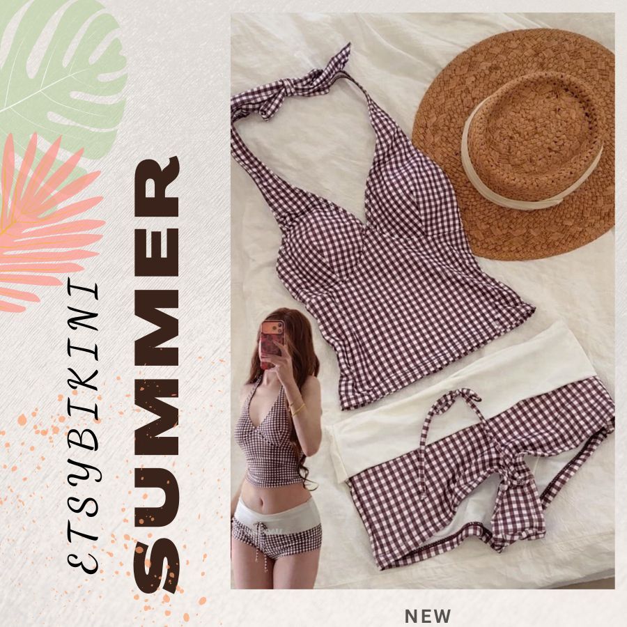 Etsy High-Quality Bikini ชุดว่ายน้ํา 2 ชิ้นคอปกเชือกแขวนคอและแผ่นรองหน้าอกในตัวผสมกางเกงเอวสูงและสาย