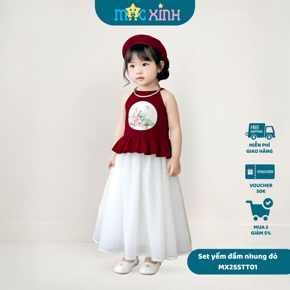 ชุดกระโปรงเด็กผู้หญิง ชุดคอปกสายเดี่ยวพร้อมกระโปรงบานและเดรสสไตล์น่ารัก - Macxinh KID MX25STT01