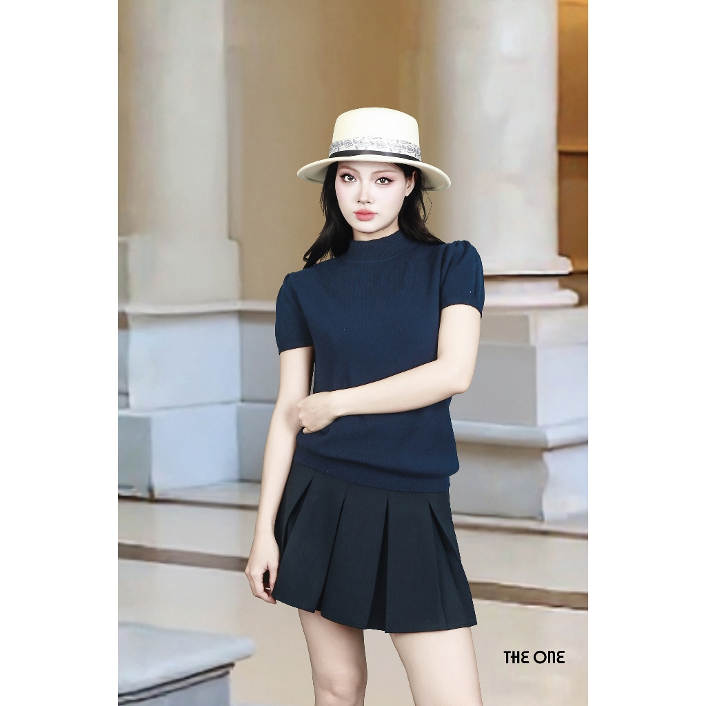 The One Fashion AL8892TT สเวตเตอร์สีม่วงถ่านแขนสั้นและคอปก 3 ซม