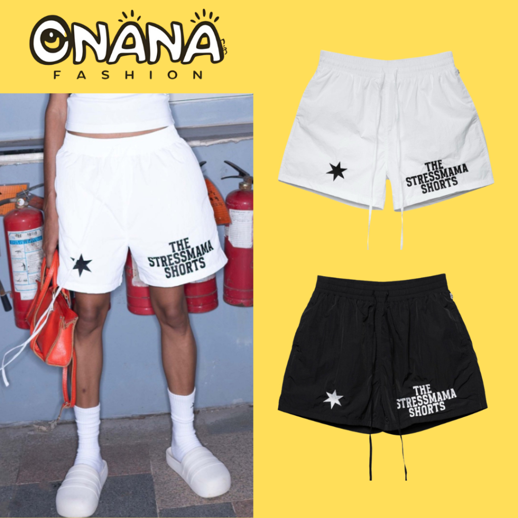 ONANA FAHSION Baisic กางเกงขาสั้นร่มชูชีพพร้อมโลโก้พิมพ์, ผ้าร่มชูชีพหนาคุณภาพสูง, เอวยางยืด, 4-Way 