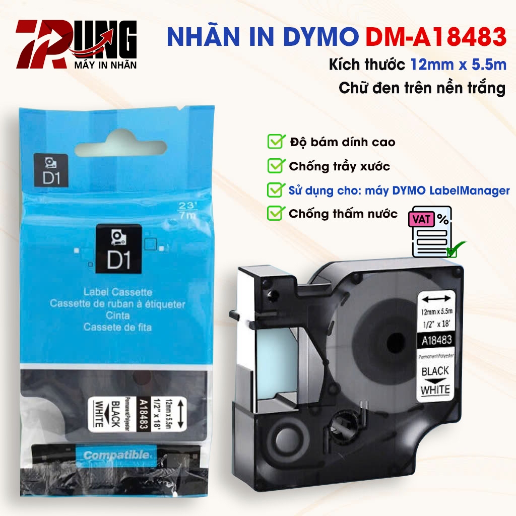ป้าย D1 DM-A18483 I 12 มม.ตัวอักษรสีดําพื้นหลังสีขาว I SD สําหรับ Dymo 160/210D/280/360D/420P/500TS/