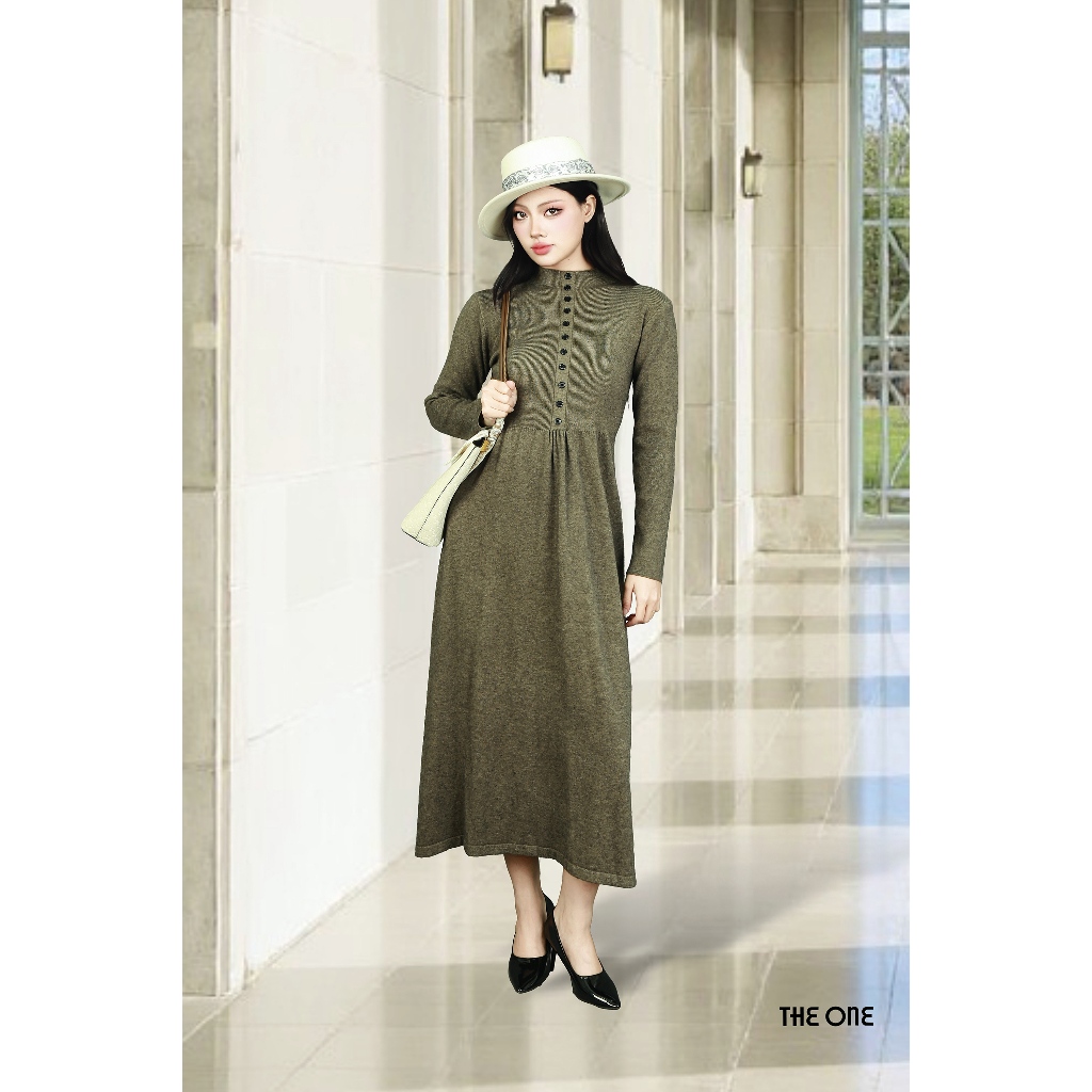 The One Fashion DL5216ND เดรสผ้าวูลสีน้ําตาลเข้มคอปก 3 ซม. แขนยาวและขาบาน
