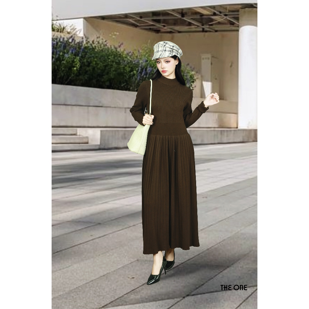 The One Fashion DL8801NDA เดรสผ้าวูลสีน้ําตาลเข้มแขนยาวคอปก 5 ซม. และขาบาน