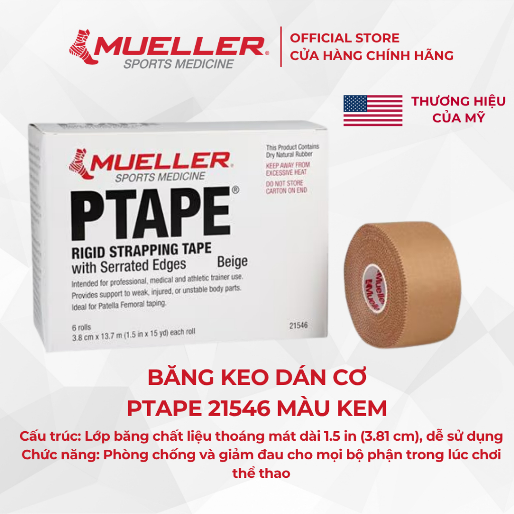 MUELLER PTAPE ยี่ห้อกีฬา TAPE CODE 21546 สีครีม 1.5 นิ้ว 3.8 ซม. THICK สําหรับเล่นกีฬาและชีวิต