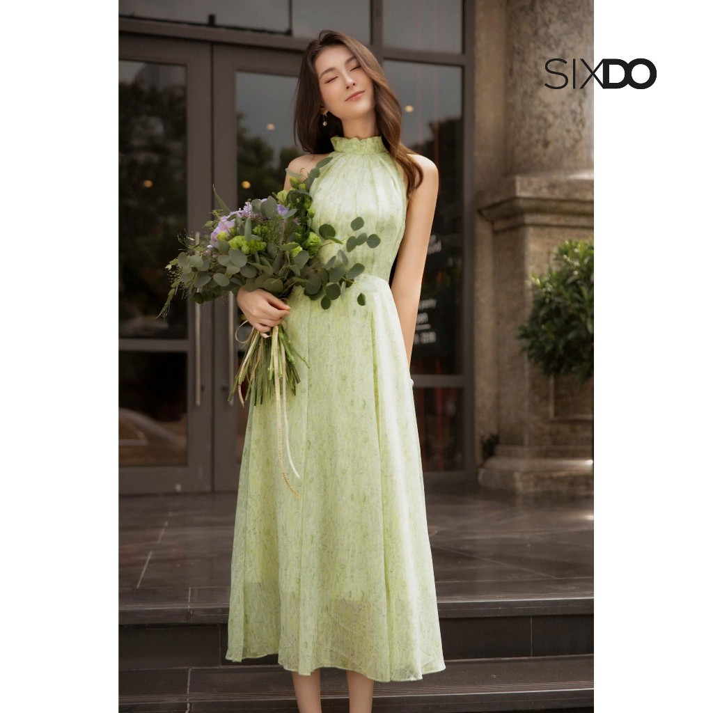 SIXDO Light Green Nuggets Voile Flared Dress (Light Green Nuggets Flared Dress)