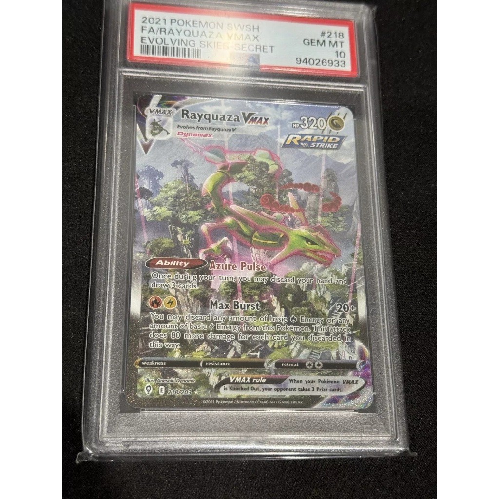 การ์ดลับ PSA 10 Gem Mint Pokemon Rayquaza 218/203 VMAX English d37 5a