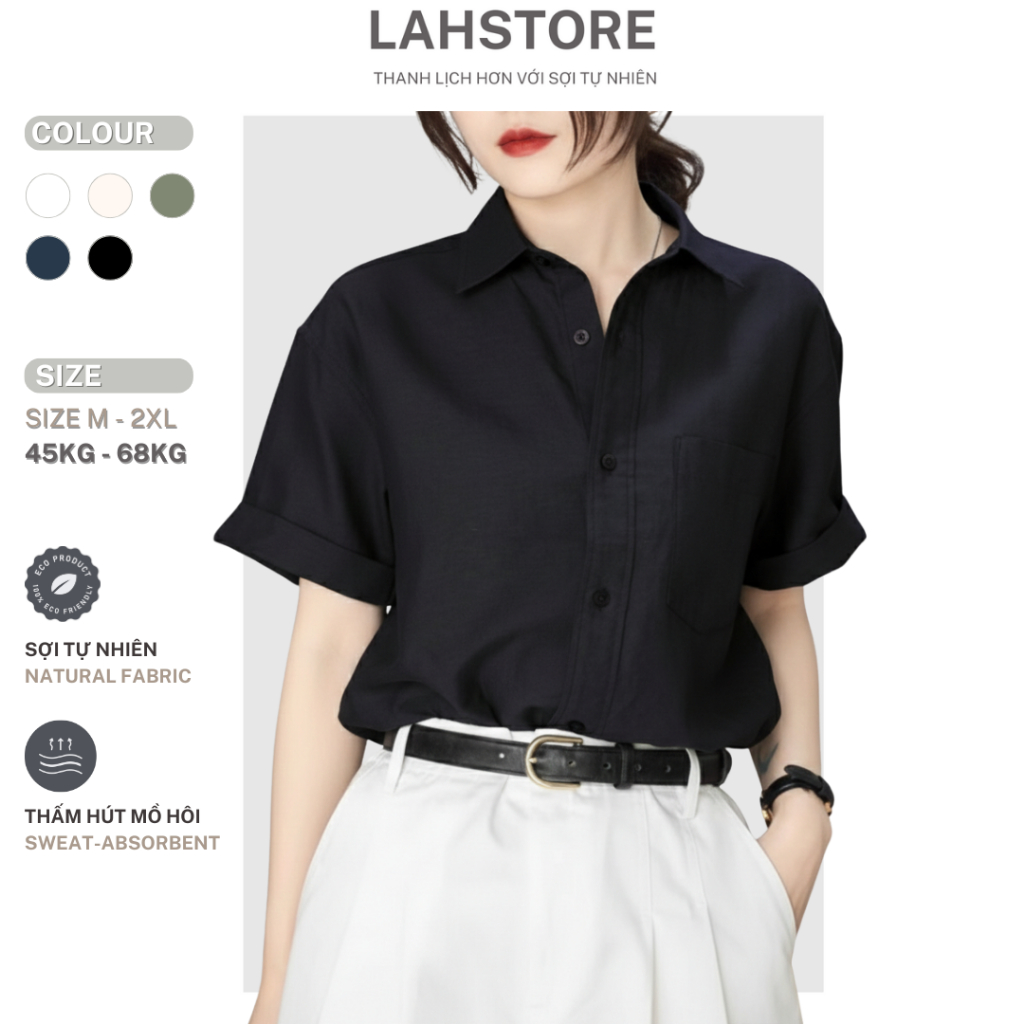 LAHSTORE เสื้อเชิ้ตแขนสั้นผู้หญิงทรงหลวมผ้าฝ้ายลินินมีกระเป๋าอก 1 ทรงเบสิควัยรุ่น ASM07 (ดํา,ขาว,เบจ,น้ําเงิน)