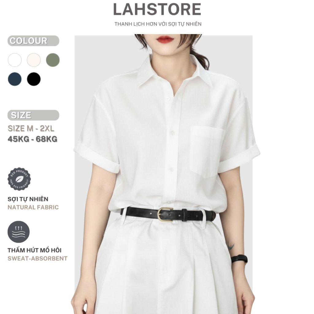 LAHSTORE เสื้อเชิ้ตแขนสั้นผ้าลินินทรงหลวมสําหรับผู้หญิงมีกระเป๋าอก 1 ใบ พื้นฐานอ่อนเยาว์ ASM07 (สีขาว, สีดํา, สีเบจ, สีฟ้า)