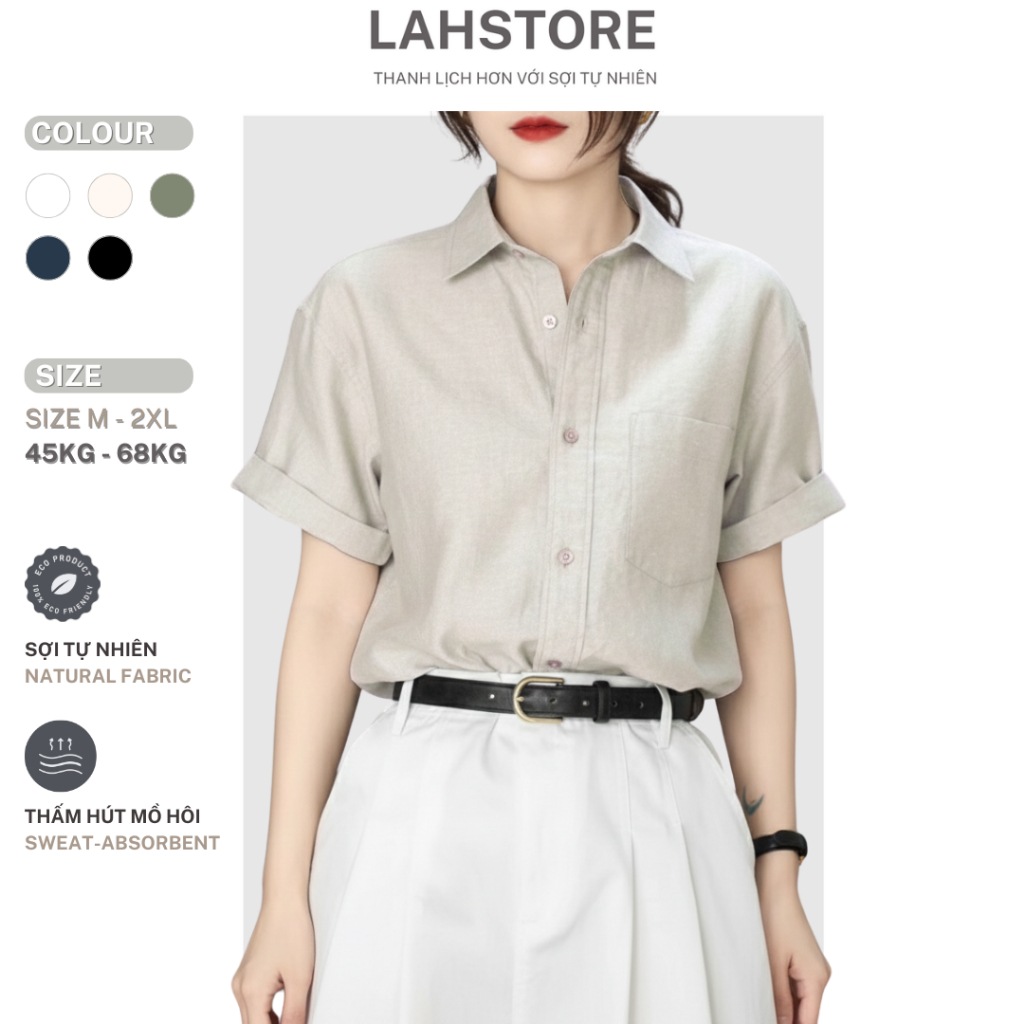 LAHSTORE เสื้อเชิ้ตผ้าลินินแขนสั้นทรงหลวมสําหรับผู้หญิงมีกระเป๋าอก 1 กระเป๋า ASM07 (Salt and Pepper Beige, Black, White, Blue)