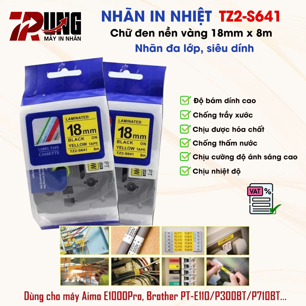 ป้ายพิมพ์ Super Sticky TZ2-S641 สําหรับ PT-E300/E500/P300BT/P710BT - ข้อความสีดําบนพื้นหลังสีเหลือง 