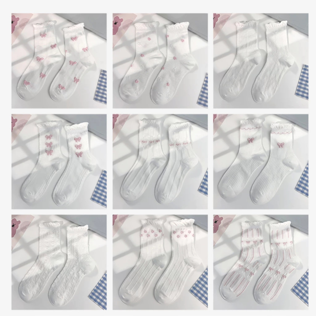 [Painn] ชุดถุงเท้าคอปกสูงสีขาว 5 คู่พร้อม Ruffles และสีชมพูหวานโบว์ลายเกาหลีเลดี้สไตล์ MynaBra TT76 