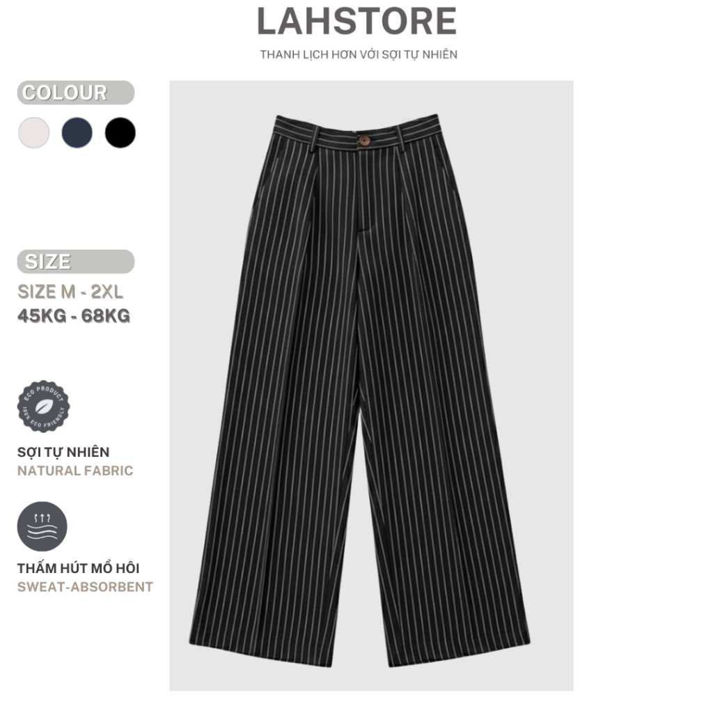 LAHSTORE กางเกงทรงตรงผ้าลินินลายทางไม้ไผ่ ขากว้าง เอวสูง เป้าสั้น เอวยางยืด QD11 (สีดําแถบขาว)