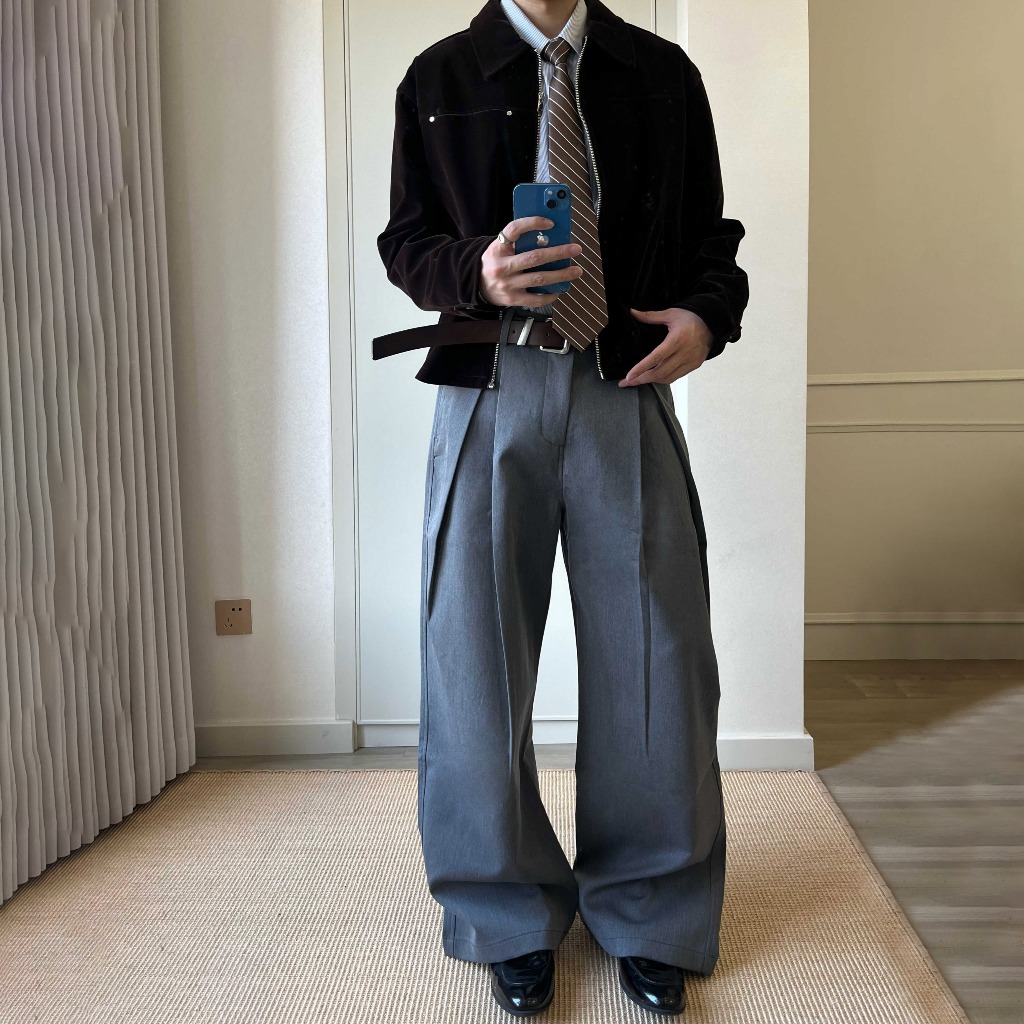 6856 กางเกงขายาวอัดพลีทขากว้าง กวาง6 สําหรับผู้ชายและผู้หญิง สีดําและสีเทา