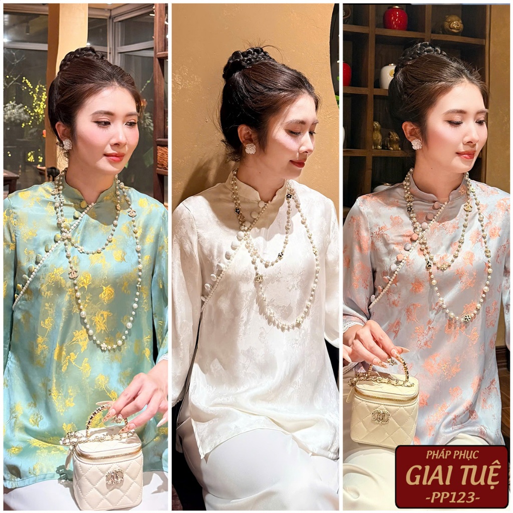 Phap Phuc Giai Intue, เสื้อลูกไม้ดอกเบญจมาศหยก, เสื้อเชิ้ตผ้าไหมวัสดุ Dosage, กางเกงผ้าไหมรถตู้ (PP1