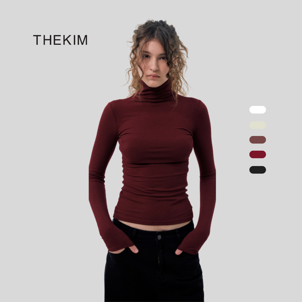 THEKIM เสื้อยืดผ้าขนสัตว์เก็บอุณหภูมิแขนยาว 9 นิ้วหลายสี, เสื้อกันหนาวยางยืดคอปกสูงแขนยาว AD132