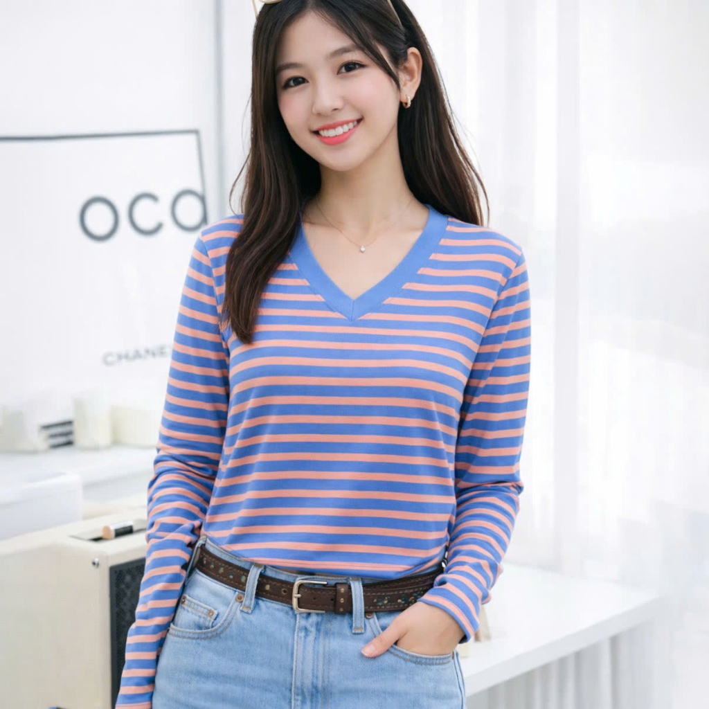 TOLI LHV34 เสื้อยืดแขนยาวคอเต่าผู้หญิง – ลายทางแนวนอน ทรงเข้ารูป ผ้าคอตตอนยืด