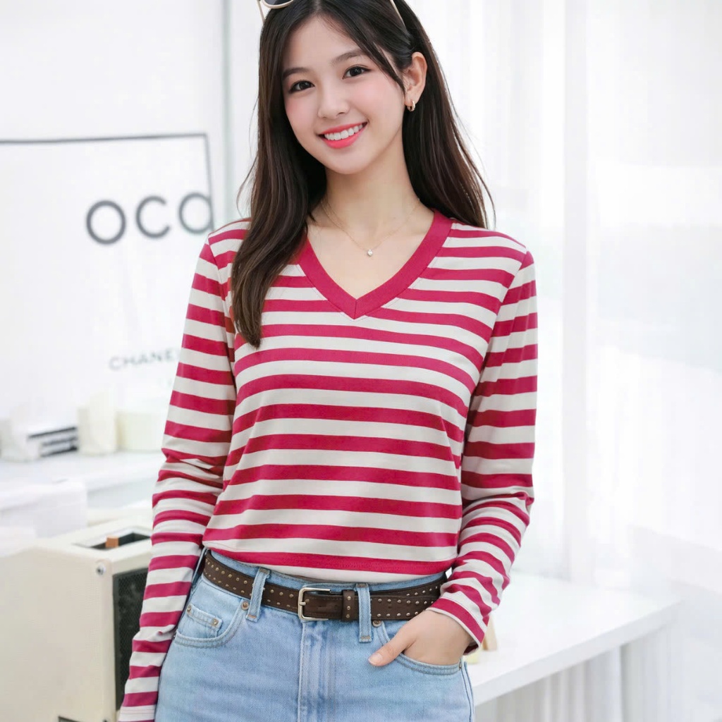 TOLI LHV81 เสื้อยืดแขนยาวคอเต่าผู้หญิง – ลายทางแนวนอน ทรงเข้ารูป ผ้าคอตตอนยืด