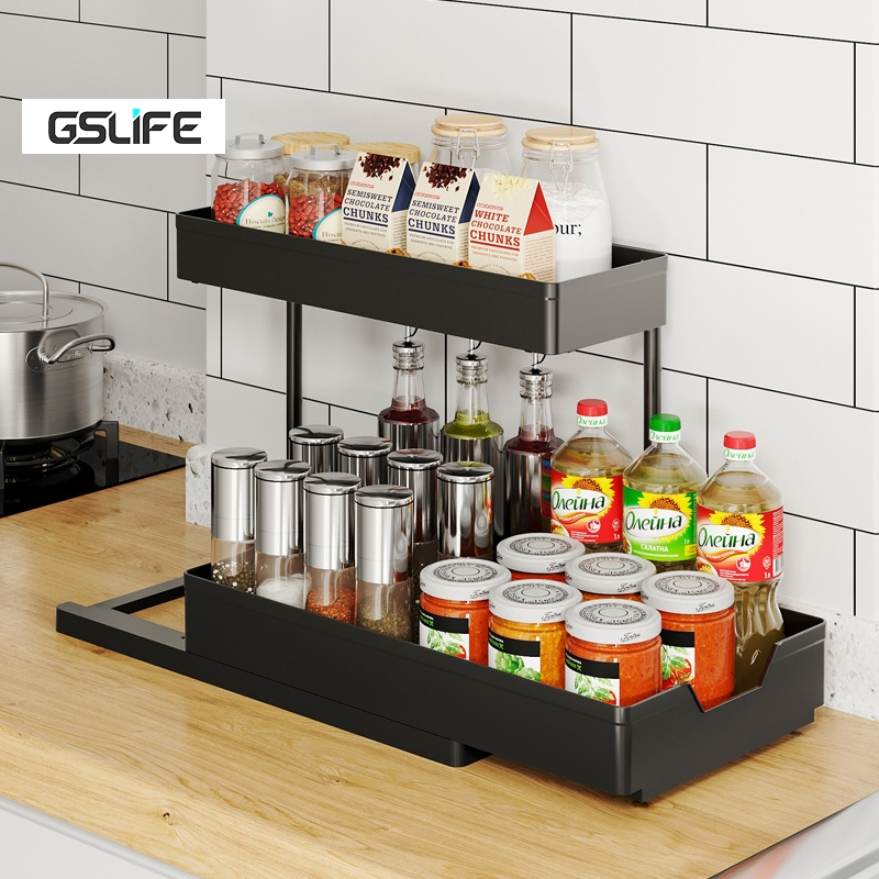Gslife ชั้นวางของในครัวรางเลื่อน 2 ชั้น - ชั้นวางสําหรับเครื่องเทศและเครื่องครัวการออกแบบ ล สําหรับใ