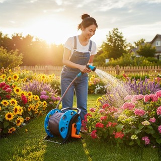 Vòi tưới cây, vòi rửa xe LIONKING ống kết cấu 3 lớp, vòi phun bằng nhựa, khung ru lô KR503 có thể cuộn 10-30 mét ống.