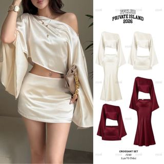 [CÓ MÃ TRONG VIDEO] Set Áo lụa form Crop trễ vai CROISSANT đi kèm chân váy Lụa 2 lớp  FFCLUB