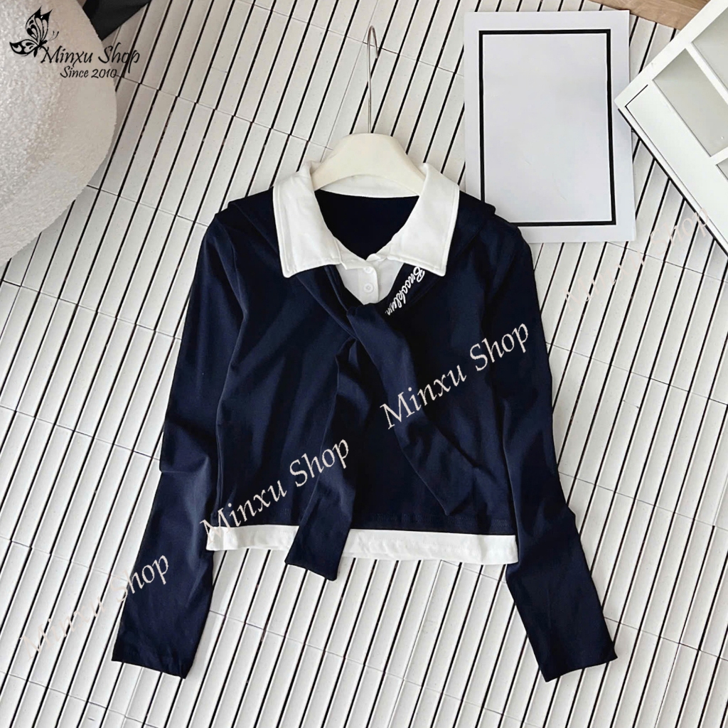 เสื้อยืดผู้หญิงคอปกเสื้อแขนยาวพร้อมผ้าพันคอ QC Minxu Shop TH25