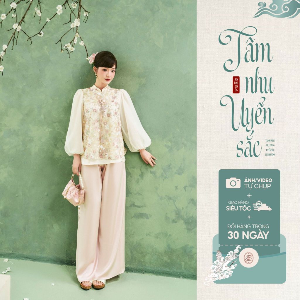 [Tam Nhu Uyen Sac] TINSTORE เสื้อนวัตกรรมดีไซน์คอรถไฟและแขนพองผสมผสานกับกางเกงผ้าไหมขาตรง 2601ACT004